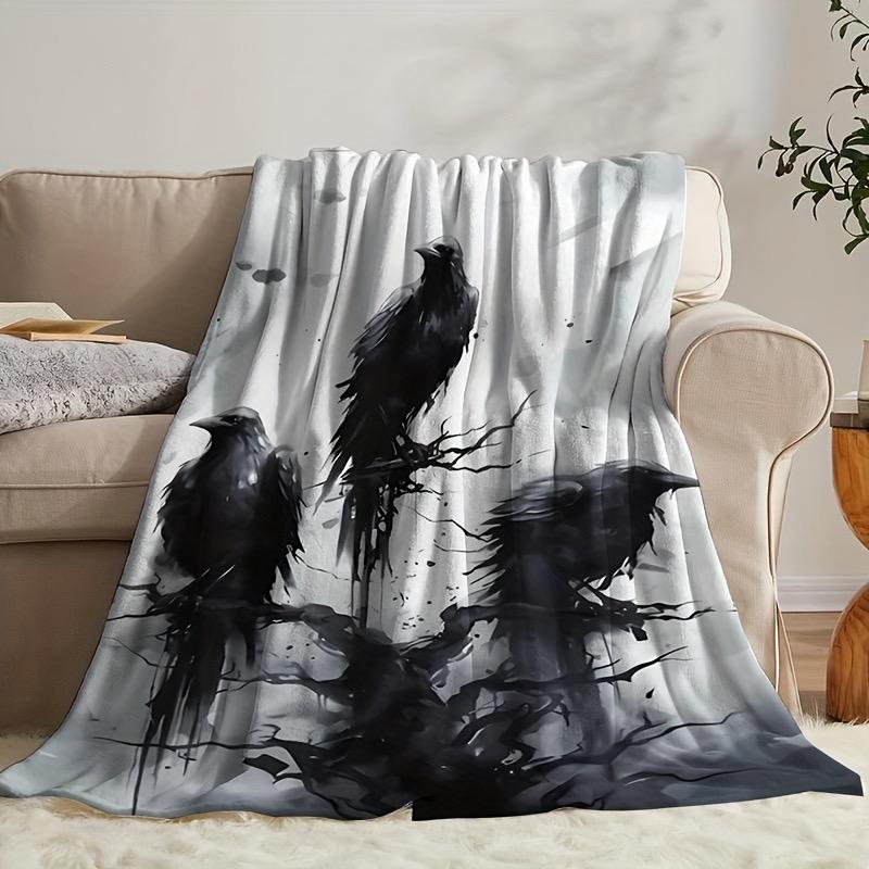 Gothic black raven pattern Flannel printed blanket suitable for all seasons suitable for living room office sofa and travel
