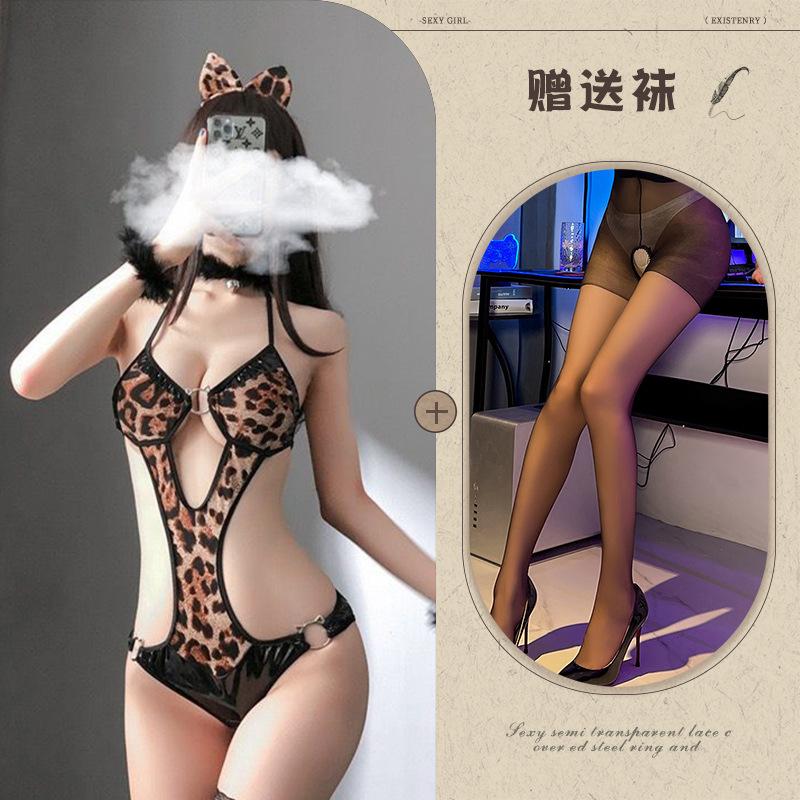 New sexy lingerie seduces beautiful women sexy leopard print cosplay onesie halter cat