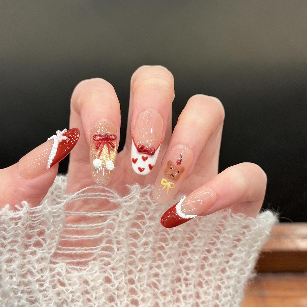 Hand-Painted Christmas & New Year Cat Nails: Dazzling French Glass Beads