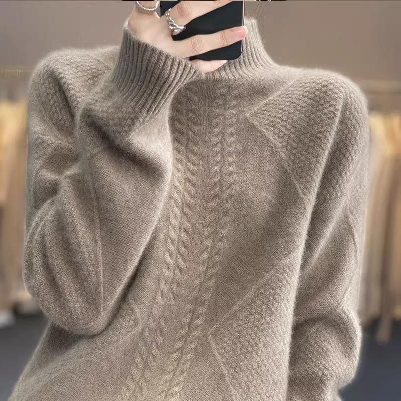 Women's Cashmere Clothing Solid Color Woven Casual Tops Female Fall Winter Sweaters Pure Wool Half-neck Pullover Jumpers