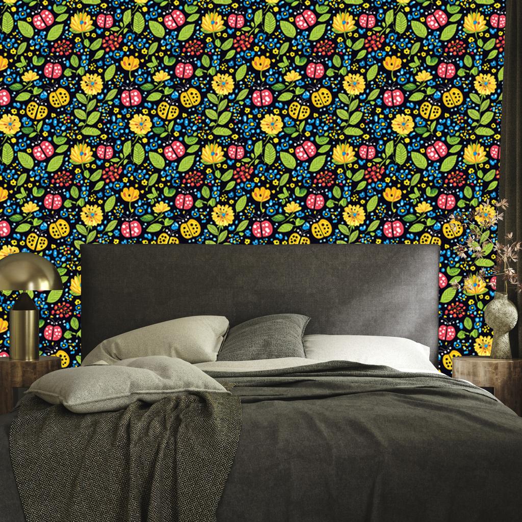 Ladybugs Wallpaper Navy Blue and Yellow for Living Room and Bedroom 50x1000