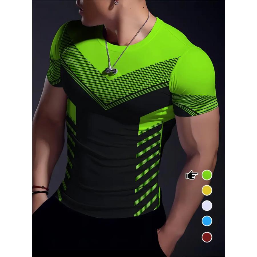 Stretchy Fit Geometric Print Crew Neck T-Shirt - Quick-Dry, Moisture-Wicking, Summer Fitness, Training, and Gym Wear - Ideal for Men's Sports
