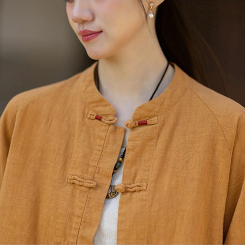 Johnature Women Vintage Shirts Stand Long Sleeve Tops Spring Chinese Style Solid Color Button Pockets Shirts