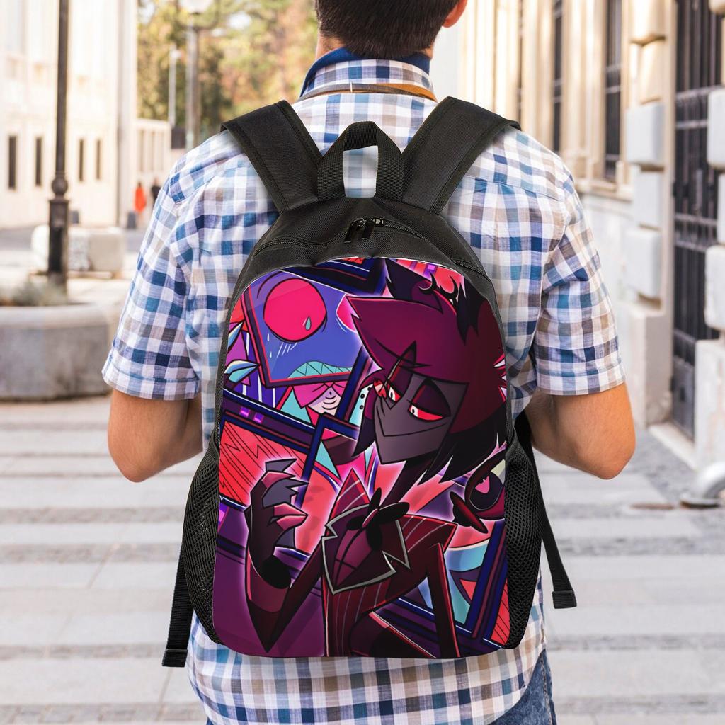 Radiostatic Vox Alastor Backpack Hazbin Hotels Stylish Backpacks Youth Camping Pattern School Bags Colorful Rucksack