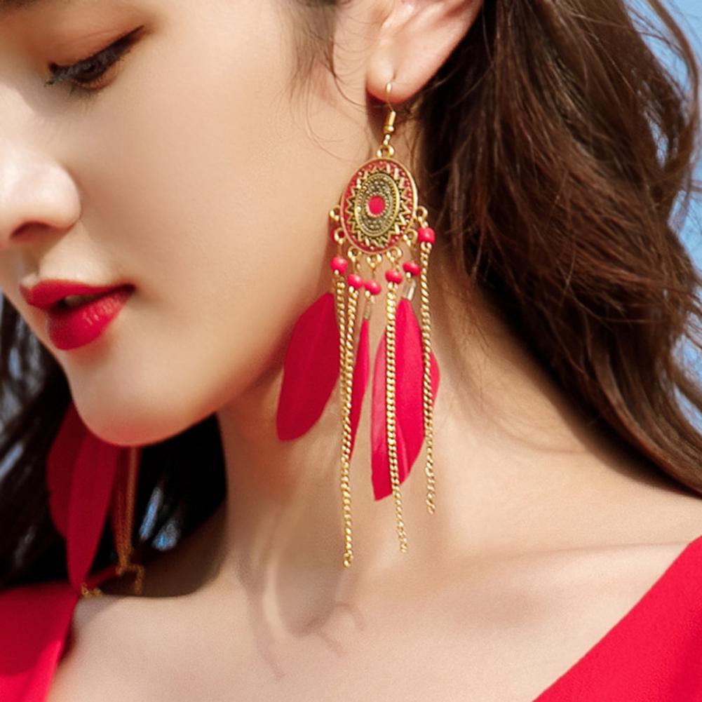Women Bohemian Faux Feather Earrings Retro Ethnic Style Tassel Long Drop Dangle Earrings Jewelry Gifts For Girls