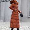 BITCED Winter Women's Cotton Coat - Extended Length with Large Fur Collar Thickened Long-Length Women's Down-Filled Cotton Jacket
