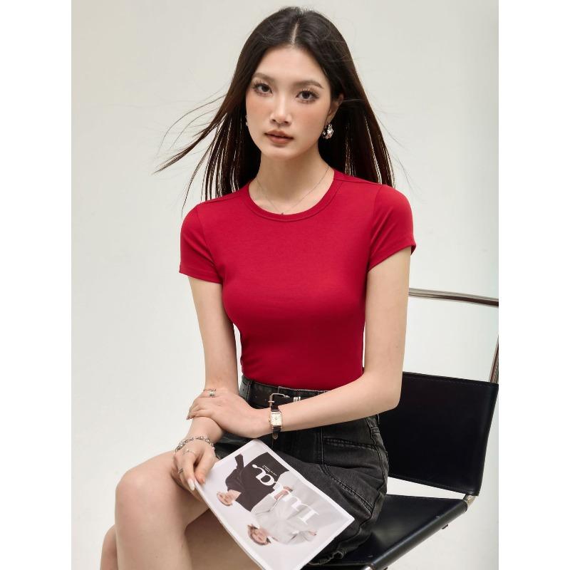 Front Shoulder Short-sleeved Shirt Women's Spring and Summer New Solid Color Versatile Simple Round Neck Slim-fitting Inner Top