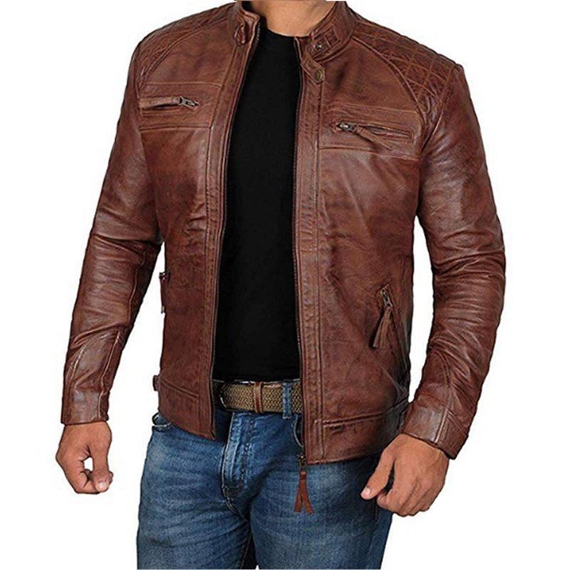Herren Motorrad Lederjacke Slim Fit Kurzmantel Revers PU Jacken Herbst Reißverschluss Ständer Winddichter Ledermantel Herrenbekleidung