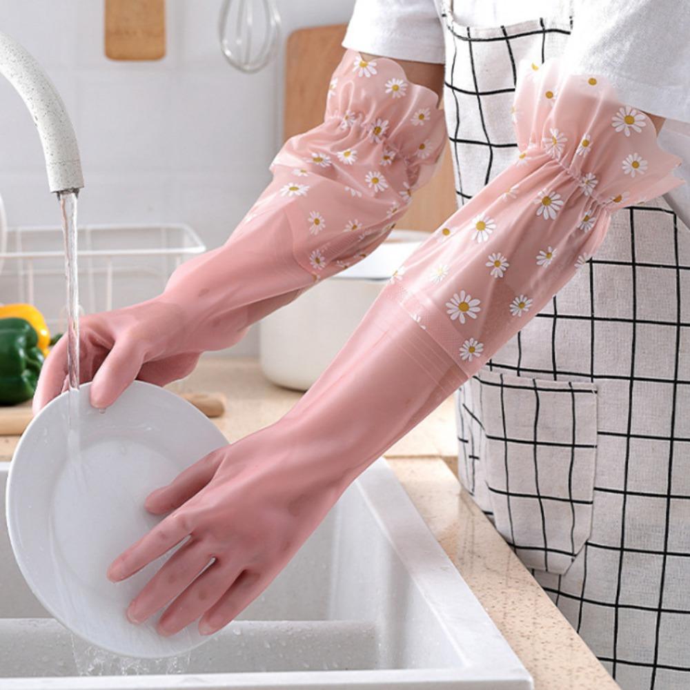 1 Pair Print Cleaning Long Gloves Extra Long Rubber Gloves  for Kitchen Cleaning Tool