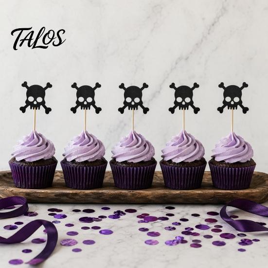 Stiff Cake Topper for Stability 8 Pcs Halloween Glitter Cupcake Picks, Spooky Black Skull Decoration Toppers, Gothic Birthday Party Supplies