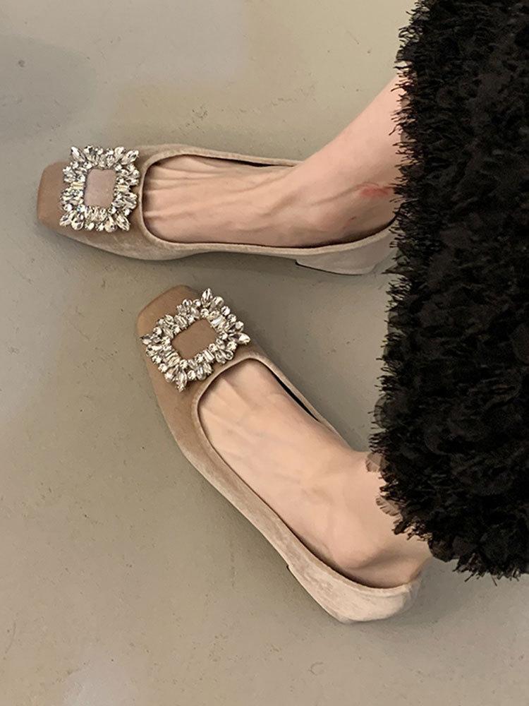 

Весна 2025 новые туфли-лодочки на толстом каблуке, высококачественный бархат Xishi, стразы, квадратная пряжка, темпераментные женские туфли 39 абрикосовый