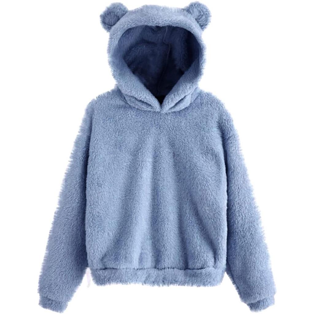Damen Kapuzenpullover mit Bärenohren Flauschiger Sherpa Fleece Pullover Langarm Niedlich Locker Freizeit Warm Plüsch Kapuzenpullover Oberteile