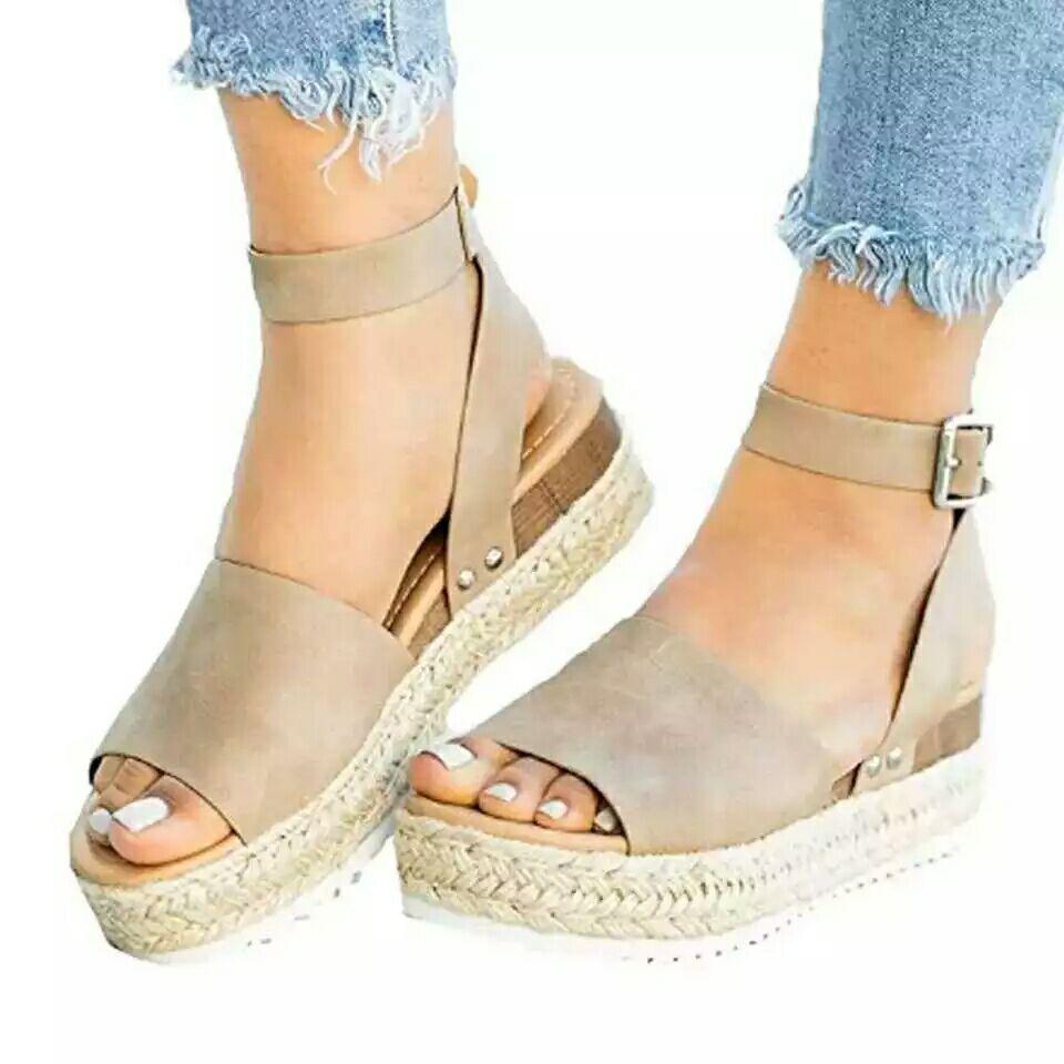 Spring large size hemp rope bottom muffin platform sandals women's buckle flat bottom women's sandals