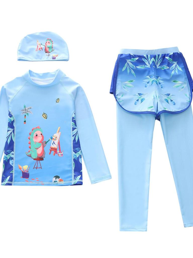 Boys' Quick-Dry Cartoon One-Piece Swimsuit with Long Sleeves and Sun Protection