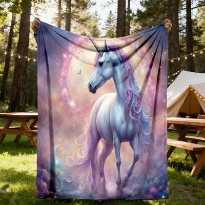 1pc Unicorn Fantasy Flannel Blanket, Comfortable and Warm Blanket, for Camping Sofa Bed and Couch Office037