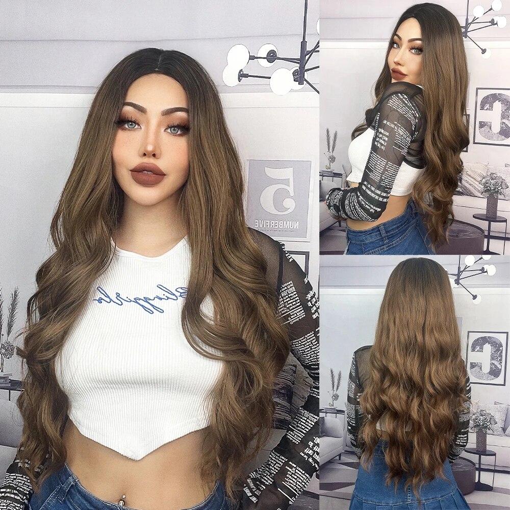 Long Wavy Ombre Black White Synthetic Wigs for Women Heat Resistant Natural Middle Part Cosplay Party Lolita Daily Hair Wigs