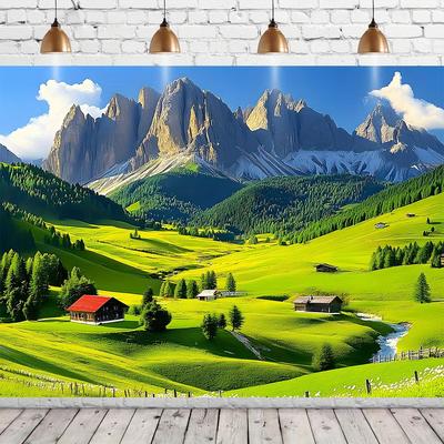 Alpen-Bergwiese Grünes Tal Haus Wandteppich Schweizer Österreichische Landschaft Blauer Himmel Weiße Wolken Naturlandschaft Wandbehang Dekoration