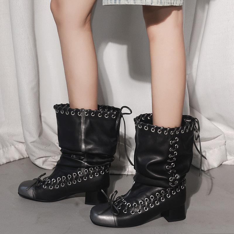 Designer Damenstiefel Trendige eckige Zehenpartie Lederstiefel Vintage Schnürstiefel mit Falten Mittelhohe Stiefel für Damen Mode-Stiefel mit dickem Absatz