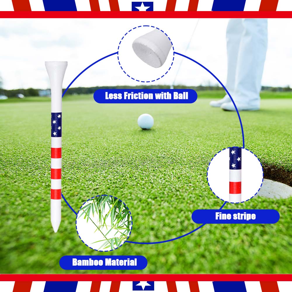 50Pcs Golf Tee 3-1/4 and 2-3/4 inch Durable Bamboo American Flag Designed Golf Training Accessorie