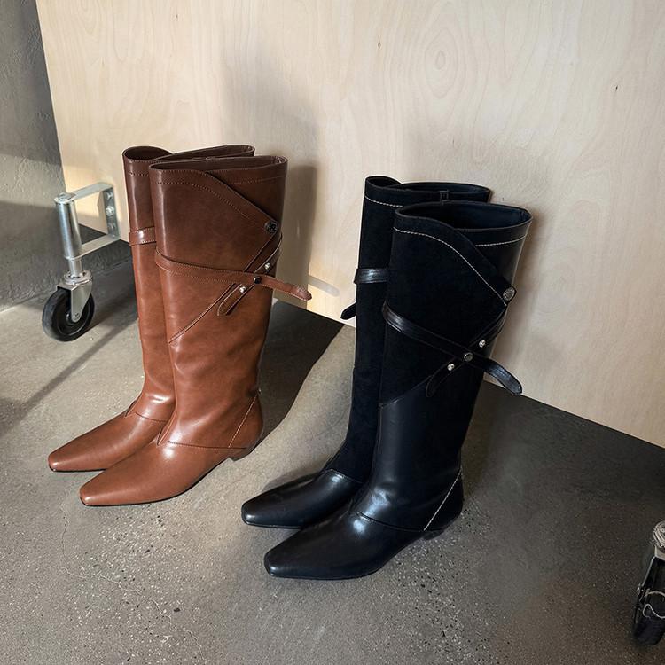 2025 autumn and winter new brown cowhide~ square head rivet sleeve low heel fashion boots long boots sleeve knight boots