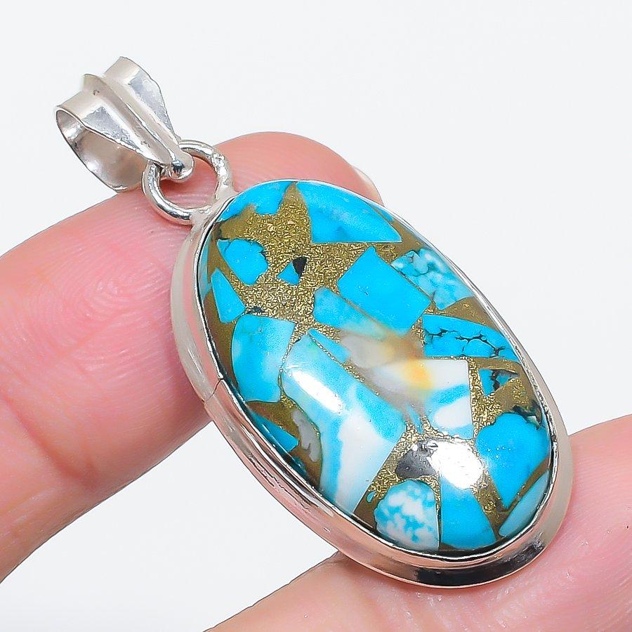 Natural Copper Blue Turquoise 925 Sterling Silver Jewelry Pendant 1.85" T3j57