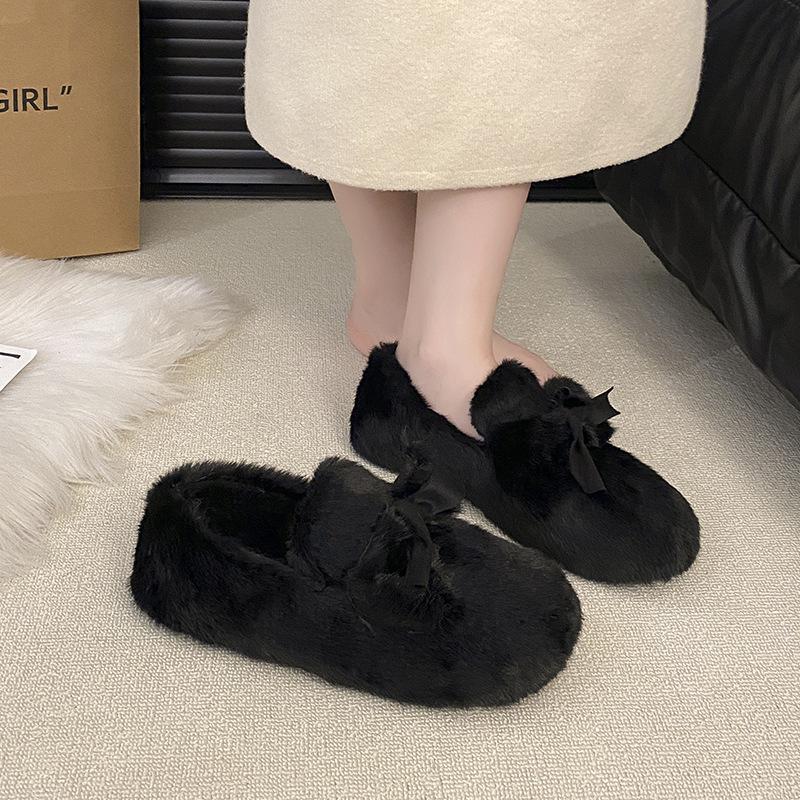 Fé-vind rosett fluffiga enkelskor dam 2025 höst och vinter nya ytterkläder sammet varma mjuka enkelskor Doudou-skor