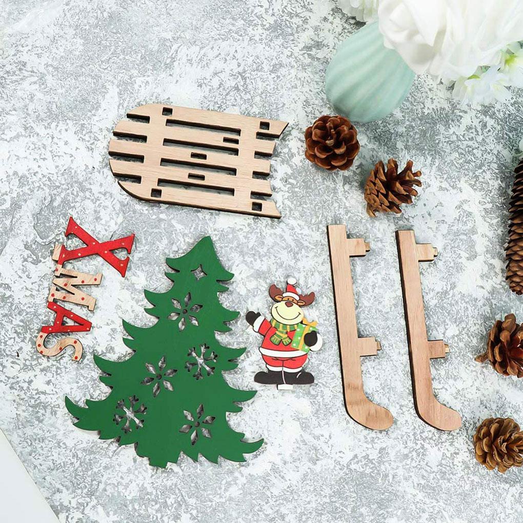 Christmas Assembled Ornament DIY Handmade Sleigh Wooden Craft Xmas Table Decoration Small Snowman