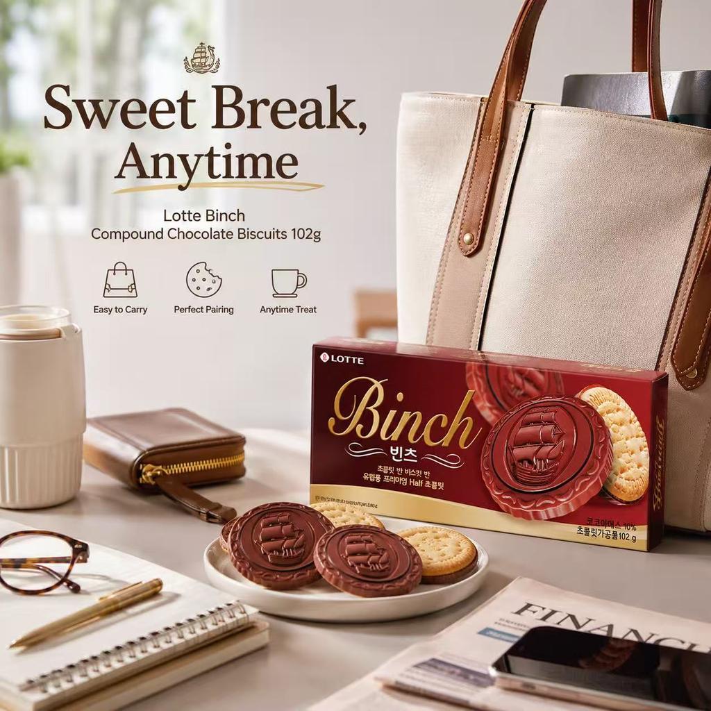Galletas de Chocolate Compuesto Binch Lotte 102g | Recubrimiento de Chocolate Sedoso, Núcleo de Galleta Crujiente, Dulzor Moderado