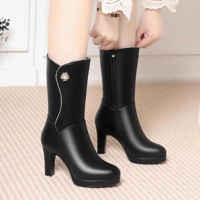 7cm 9cm Elegant Women's Shoes Mid Leg Winter Plush Boots Block High Heel Warm Fur Motorcycle Boots for Office Mom Dress