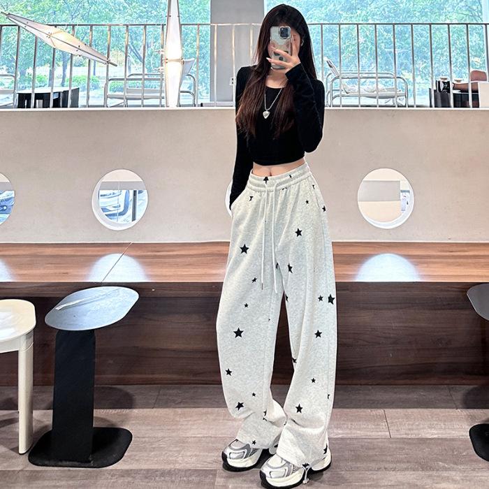

[Original quality] Grey sports casual pants women s new spring and autumn fat mm loose high waist straight wide legs S грязно-белый