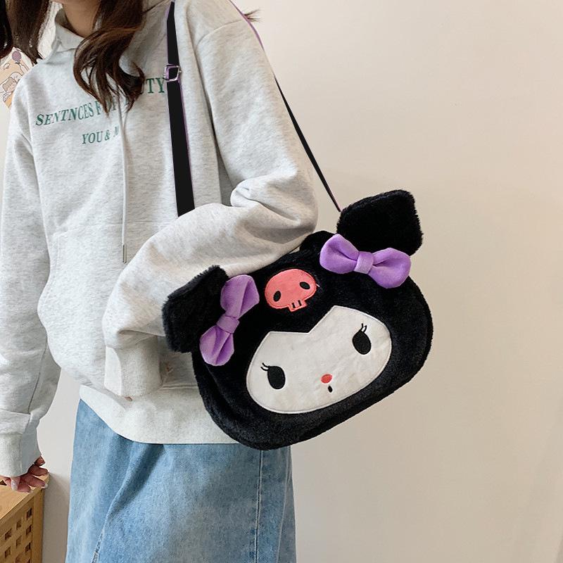 Women's Plush Kuromi & Cinnamoroll Tote Crossbody Bag - Cute Dog Tooth Design Handbag