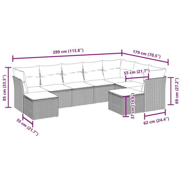 VidaXL Salon de Jardin avec Coussins 9 pcs, Canapés avec Pieds Réglables, Ensemble de Meubles d'Extérieur Patio Terrasse, 3250405