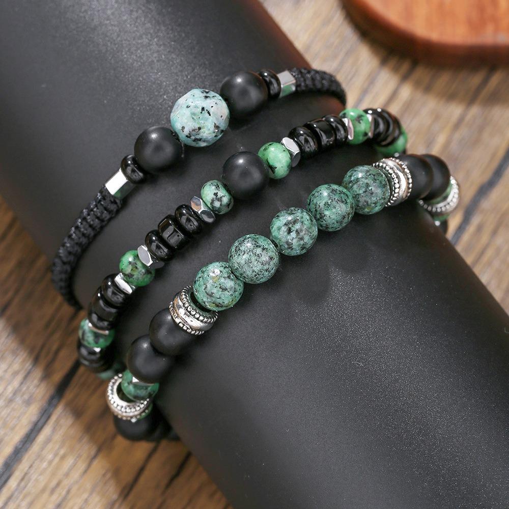 Vacation Style Stacked Bracelet Retro Men's Beaded African Pine Black Agate Woven Elastic Bracelet Women