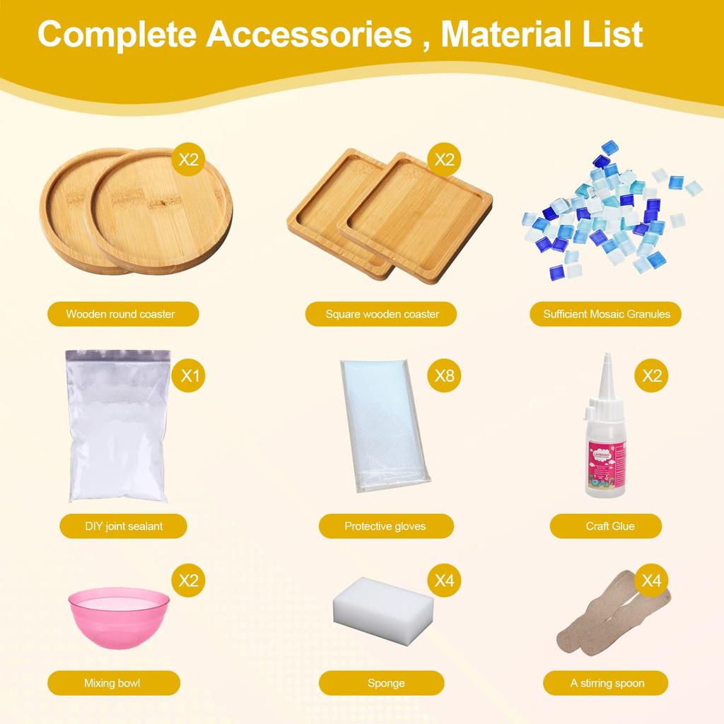 DIY Glass Mosaic Tiles Kit with Wooden Mixed Color Mosaic Craft Supplies Package for Handmade Home Gifts 4-Piece Coasters, Adults, Decor,