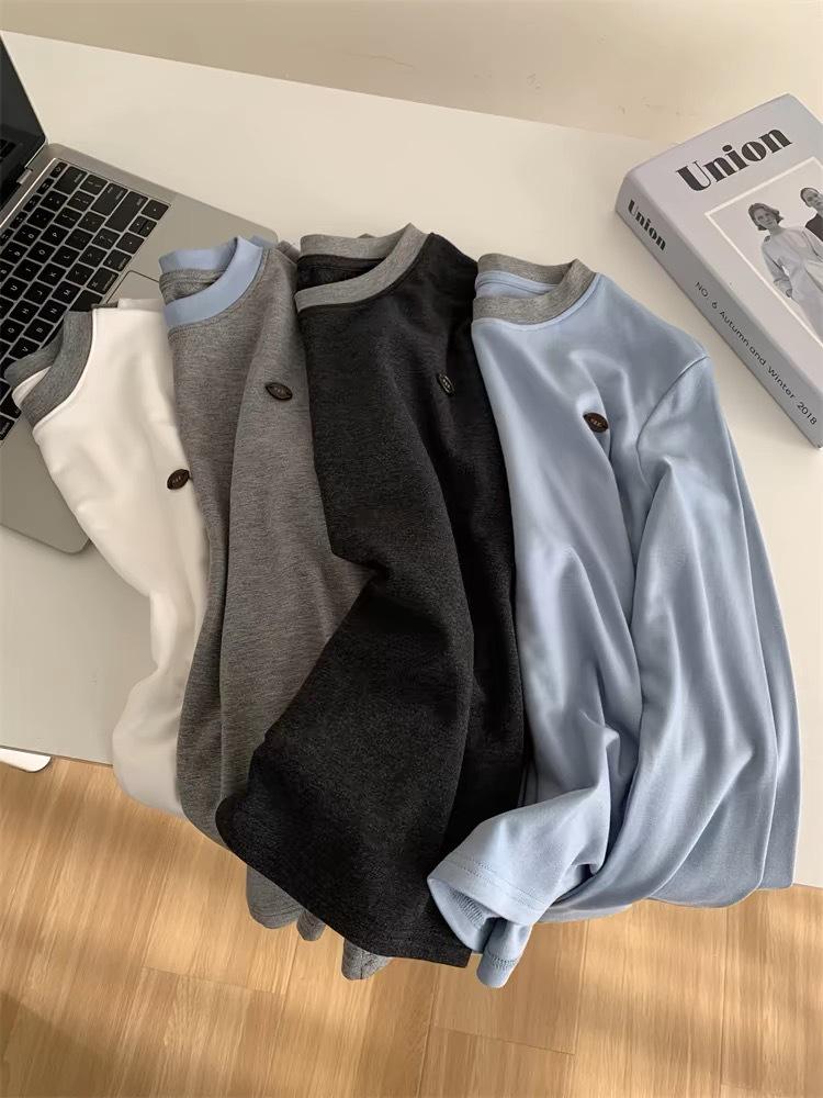 Women's Premium Color Block Round Neck Long Sleeve Fleece T-shirt - Autumn/Winter Imitation Cashmere Base Layer