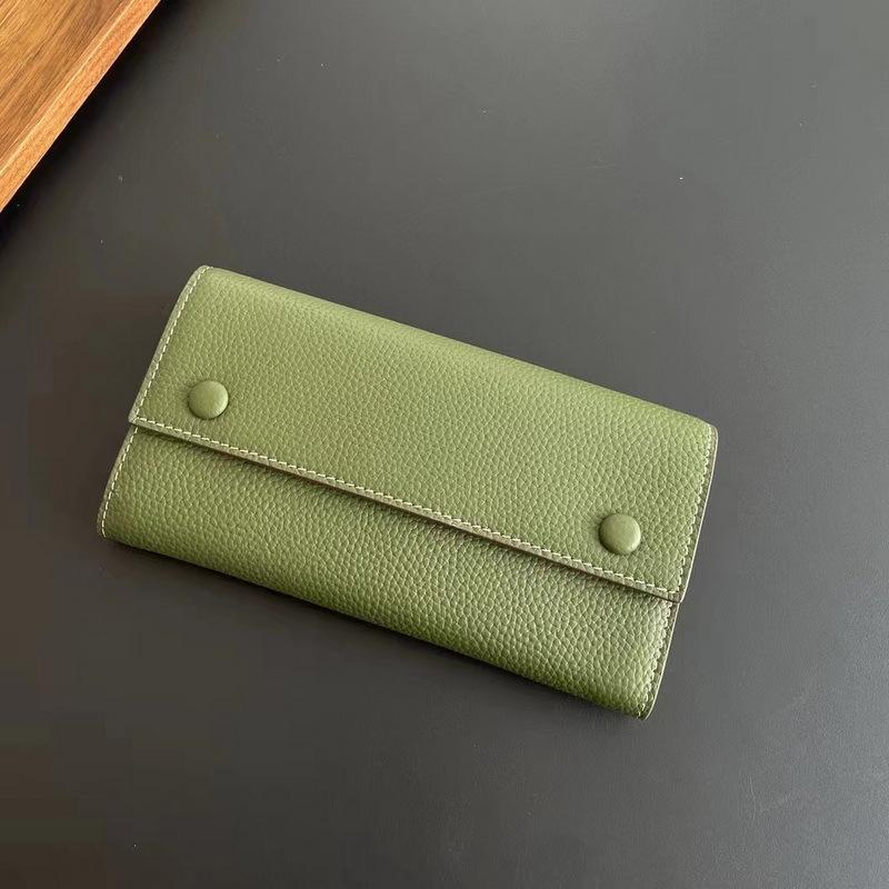 New Genuine Leather Women's Wallet With Lychee Pattern Long Design And Three Fold Rivets Featuring Contrasting Colors Inside. Cross Border Wallet