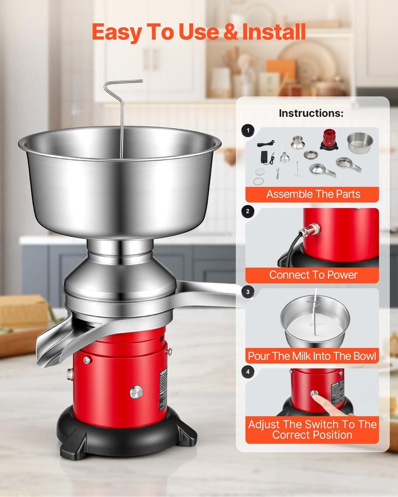 Electric Milk Cream Separator, 60L/H Output 10500RPM Milk Cream Centrifugal Separator, 304 Stainless Steel Goat Cow Milk Skimmer Separating Machine