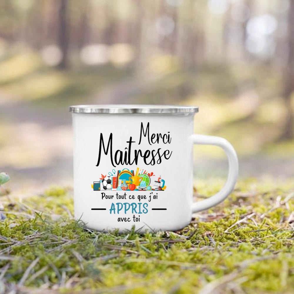 Merci Maitresse French Print Enamel Mug Drinks Dessert Milk Cup Creative Coffee Cups Vintage Handle Drinkware Gift for Teacher
