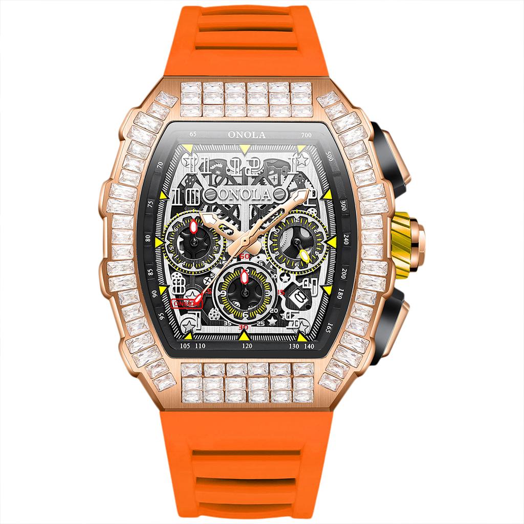 Men's Fashion Full Diamond Automatic Luminous Mechanical Watch Multi Functional Three Eye Calendar Dial Sports Watch