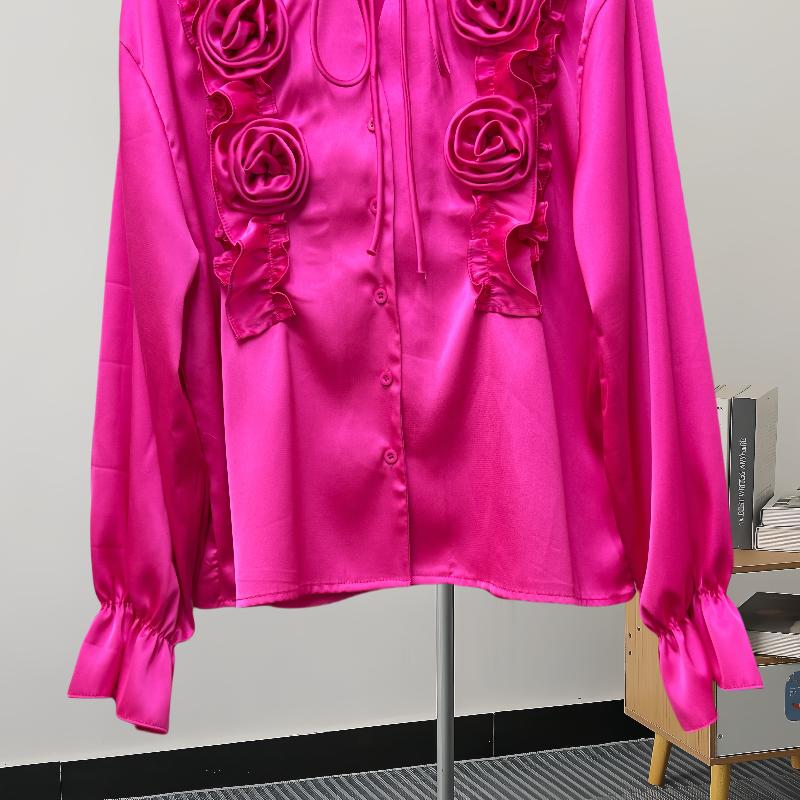 Fashion New Long Sleeve Loose Casual Shirt Women Elegant Solid Single Breasted Flowers Blouse Women Top Vintage Polo Collar Office Ladies Shirts 25807