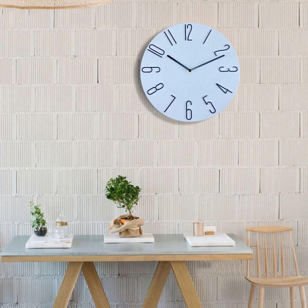 12inch Wall Hanging Clock Quartz Movement No Second Hand Wood Grain Clock Round Shape 3D Number Decorative Wall Clock Office