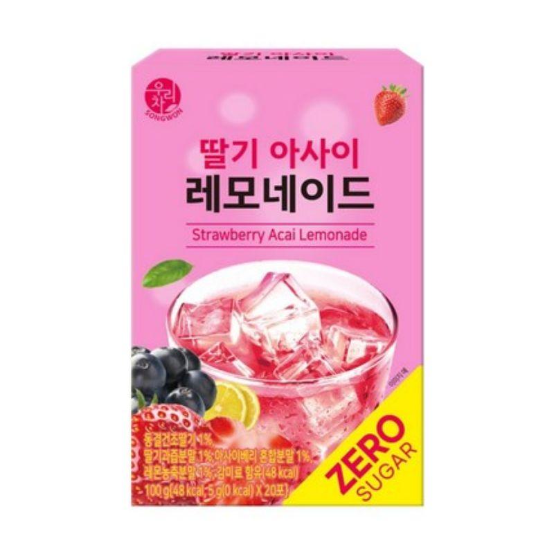 Wooritea SONGWON Suikervrije IJsthee Ades 5g x 20 Zakjes Strawberry Acai Lemonade 20T pink