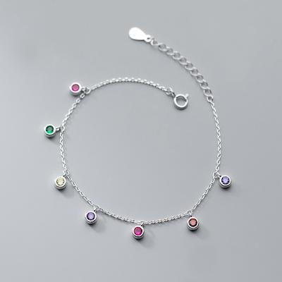 925 Sterling Silver Link Chain Tassel Colorful Round Bead Charm Bracelets For Women Jewelry Gifts Pulseira Feminina Sl410