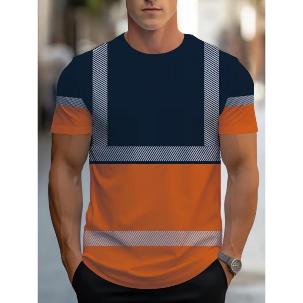 Men's 3D Printed New Safety Sign Color-Block Design Short Sleeve Fashionable Summer Casual