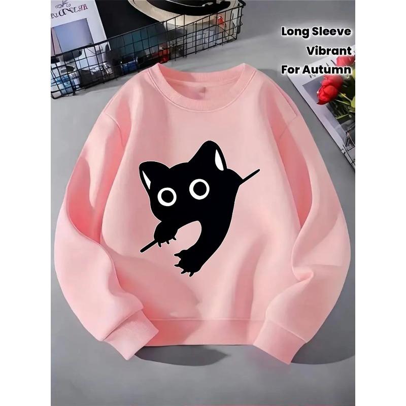 European sizes Kids' Crewneck Sweatshirt - Black Cat Silhouette with White Eyes ,Sportswear And Casual Wear, Soft And Comfortable, Children's Clothing