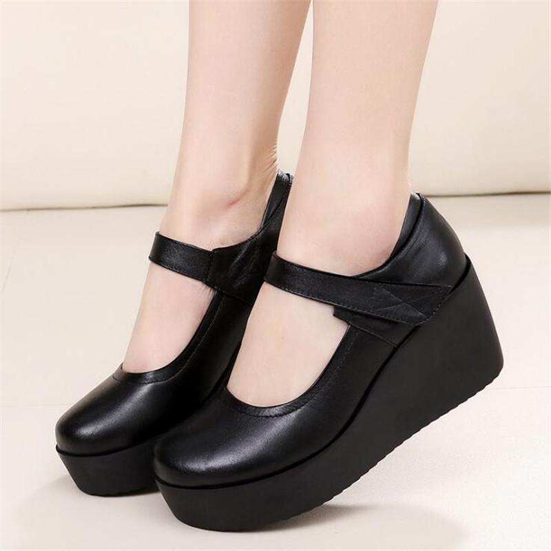 Spring Fashion Round Toe Wedge Pumps Women Shoes Thick Bottom Leather Shoes Women Platform Pumps Ankle Strap Black High Heels
