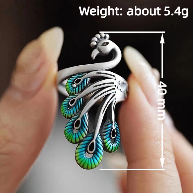 Vintage Enamel Peacock Rings for Women Retro Ethnic Blue/Green Feather Finger Ring Anti Silver Color Animal Jewelry Gift