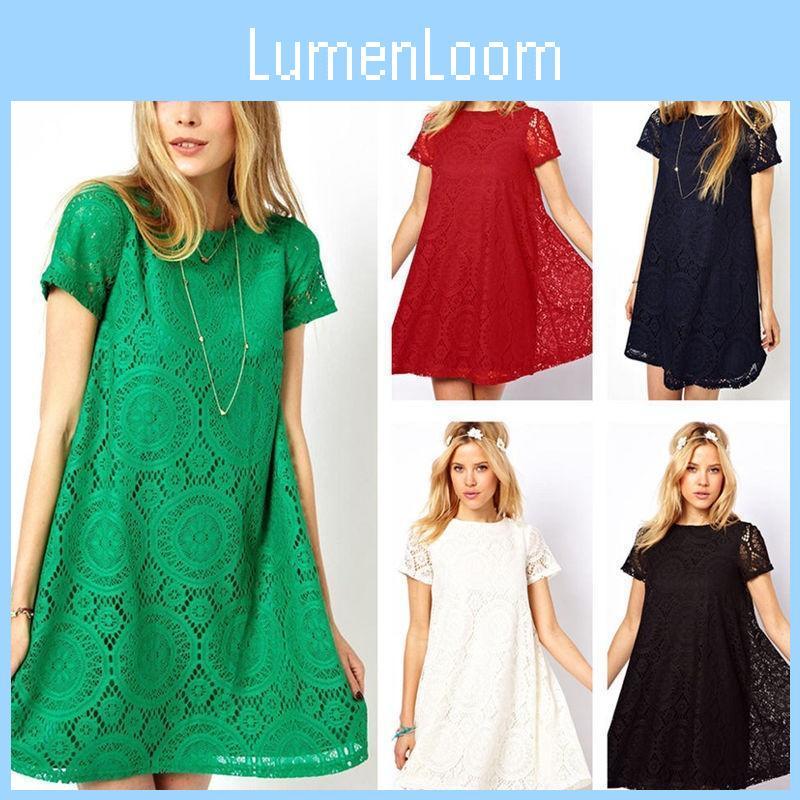Elegant Lace Dress European Style Flared Short Sleeve Dress High Waisted