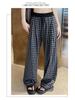 Retro Blue Plaid Wide-Leg Pants - Spring/Summer 2026 Collection, Lazy Style, Drapey Straight-Leg Casual Pants