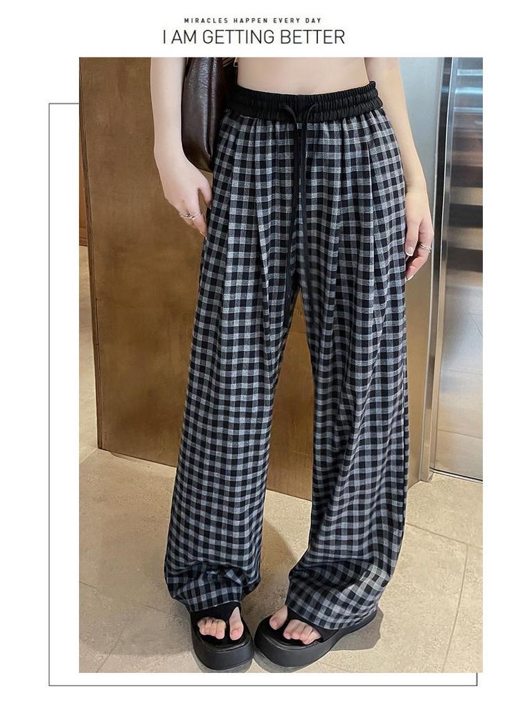 Retro Blue Plaid Wide-Leg Pants - Spring/Summer 2026 Collection, Lazy Style, Drapey Straight-Leg Casual Pants
